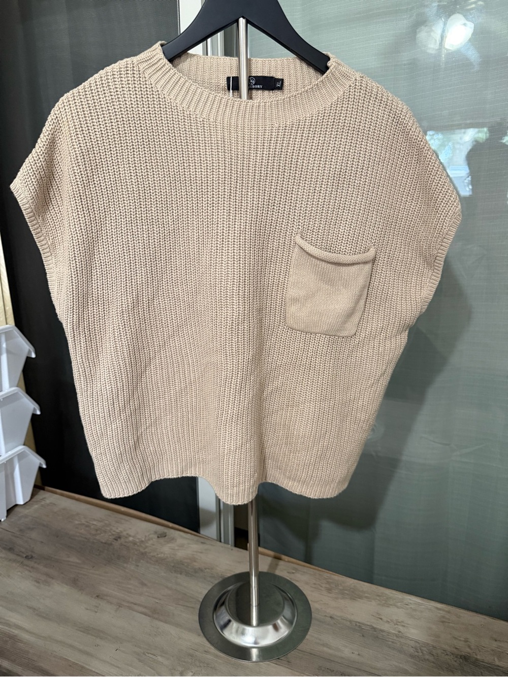 Relaxed Beige Crewneck Pocket Sweater